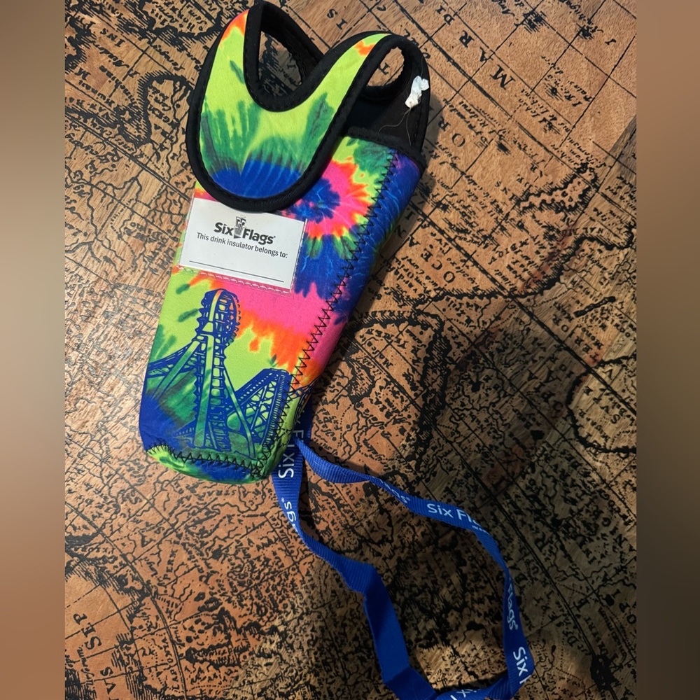 Six Flags Tie-Dye Drink Holder with Lanyard